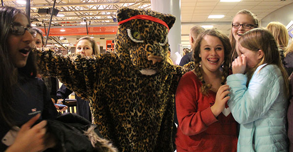 Jiggy welcomes a group of 8th grade girls at the BV West Round-Up event held on Jan. 27.