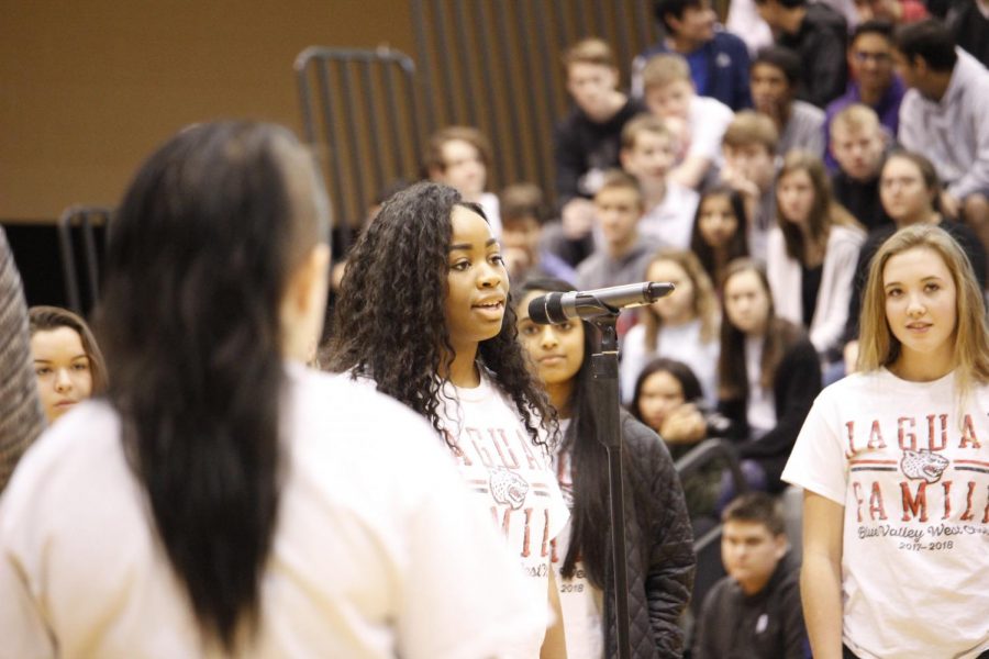 Sophomore, Christina Onuzuruike singing a solo and showing off her talent to BVW at the Diversity Assembly January 26.