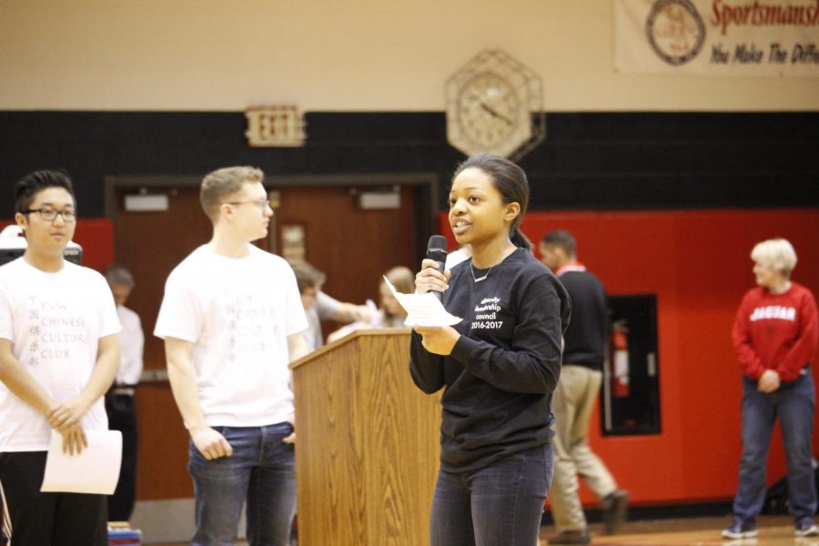 Junior, Nia Brown explaining to the student body what diversity is and how her club supports it at the Diversity assembly January 26.