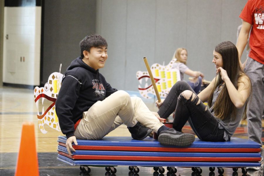 Juniors, Edward Liu and Shaun Holmes participate in a grade level competition on January 26 at the Blue Valley West Diversity assembly. 