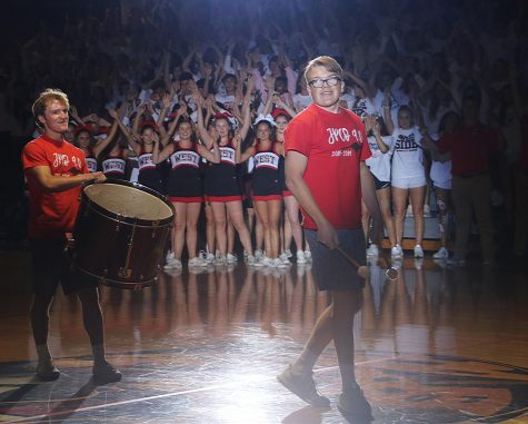 Seniors Jack Mahoney and Tommy Sulentic perform the Drum Chant an the Homecoming Assembly on Sept. 14