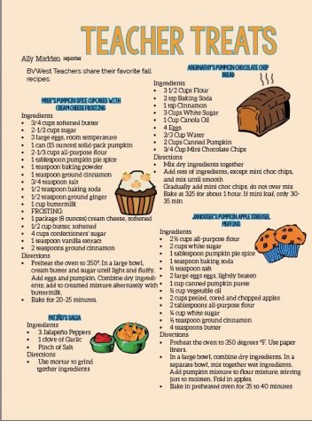Teachers shared their fall recipes. Look for Spotlight reporter, Madison Shuey, to make an attempt at following the recipes in an upcoming post.