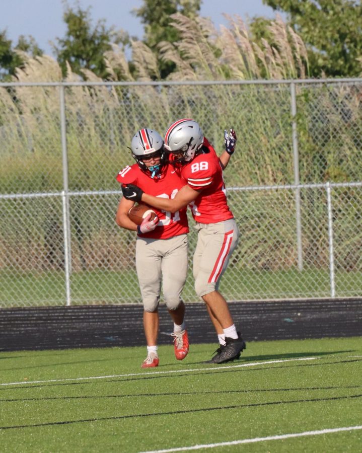 Sophomores Tyler Bono and Anthony Tamasi celebrating a touchdown at the JV football game on Sep.6.
