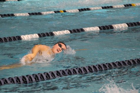 Senior Maleigha Vietti swims freestyle at the finals