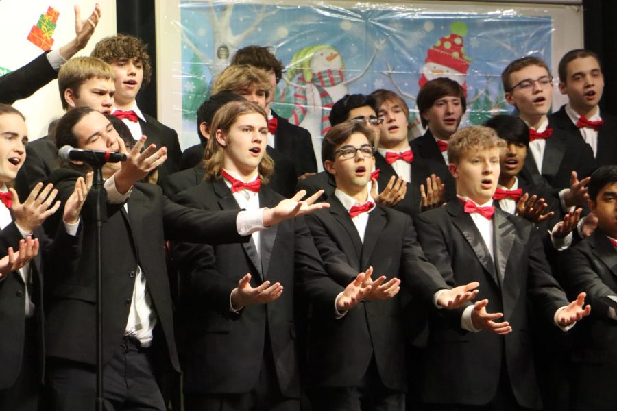 Boys chamber choir performing a Christmas song with choreography. (Stella West)